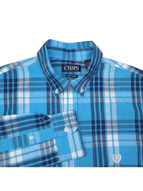 Chaps Mens Blue Plaid Button-Down Shirt sz M Cotton Blend Easy Care Long Sleeve